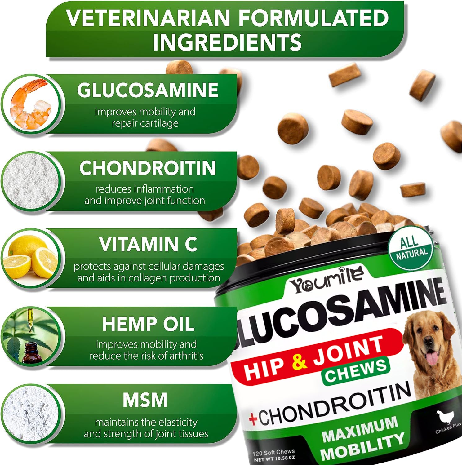 犬用葡萄糖胺高關節軟骨素咀嚼片 | Glucosamine Hip & Joint Chews (120粒)